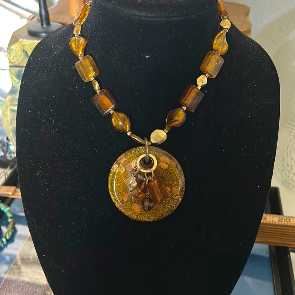 Chico’s Large Round Glass Pendant Chunky Beaded  Necklace